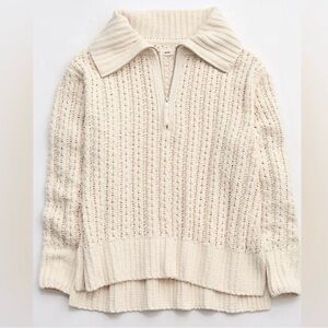 Aerie Cream Cable Car Quarter Zip Oversized Soft Knit Chenille Sweater